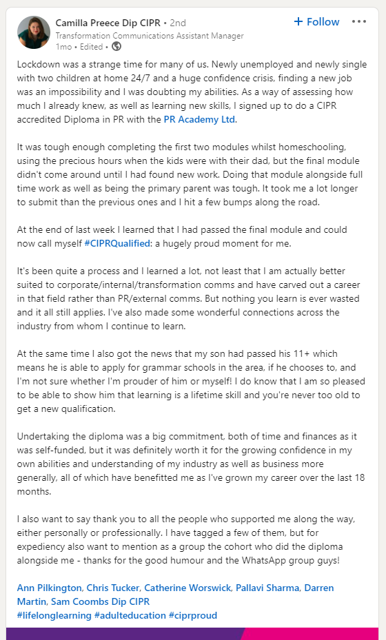 Camilla Preece - PR Diploma - LinkedIn graduation post