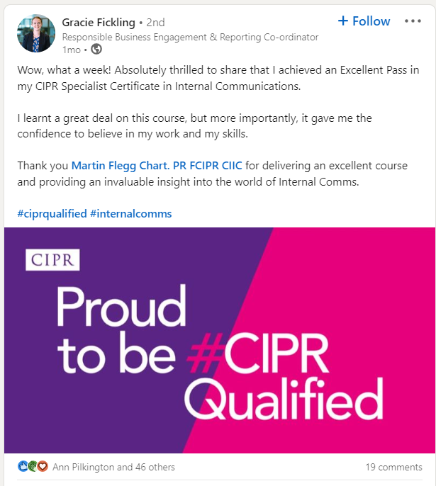 Gracie Fickling - LinkedIn post - PR Academy Graduate