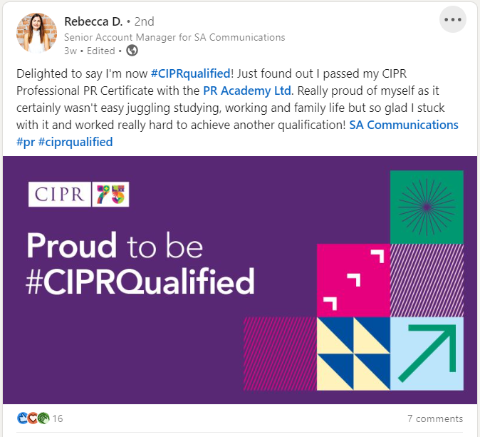 LinkedIn post from PR Academy graduate Rebecca D