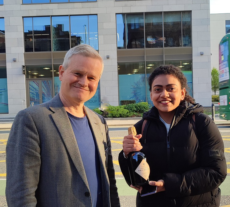 Richard Bailey celebrates with Prakriti Roy. Photo: Aileen Guing